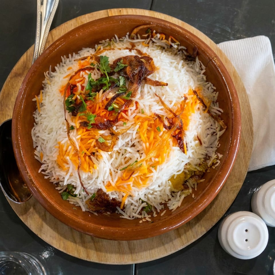 Overhead view of biryani with saffron rice, fried onions, and herbs in a clay dish, accompanied by lemons, onions, carrots, and peppers.