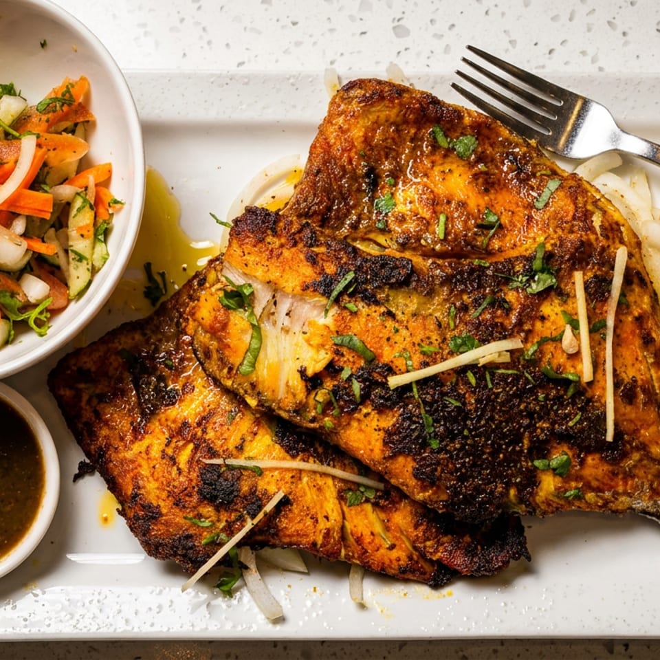 Grilled spiced fish fillets garnished with herbs, served with carrot salad, dipping sauce, onions, and lemon.
