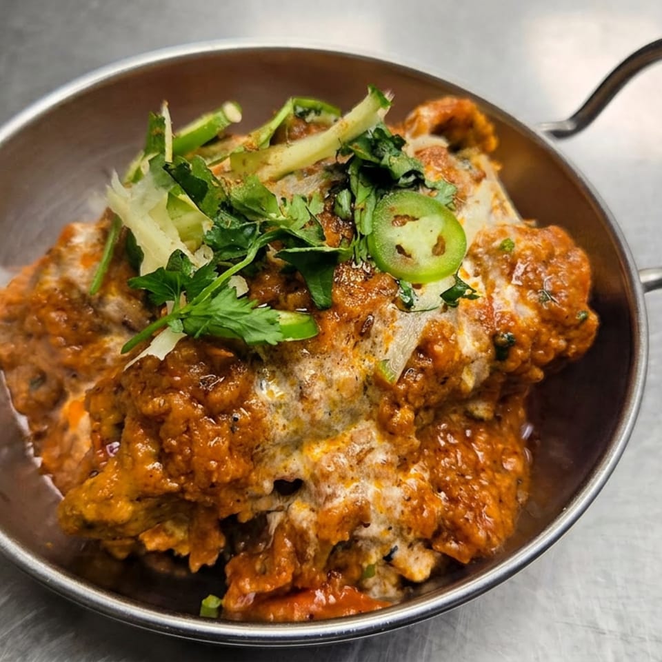 Indian curry with creamy sauce, herbs, sliced green chili, and ginger served in a handled metal bowl.