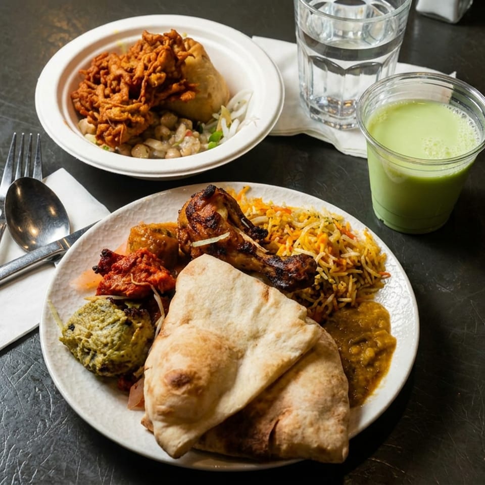 Indian meal with naan, biryani, tandoori chicken, kebab, curry, chickpeas, green drink, and water on a dark restaurant table.
