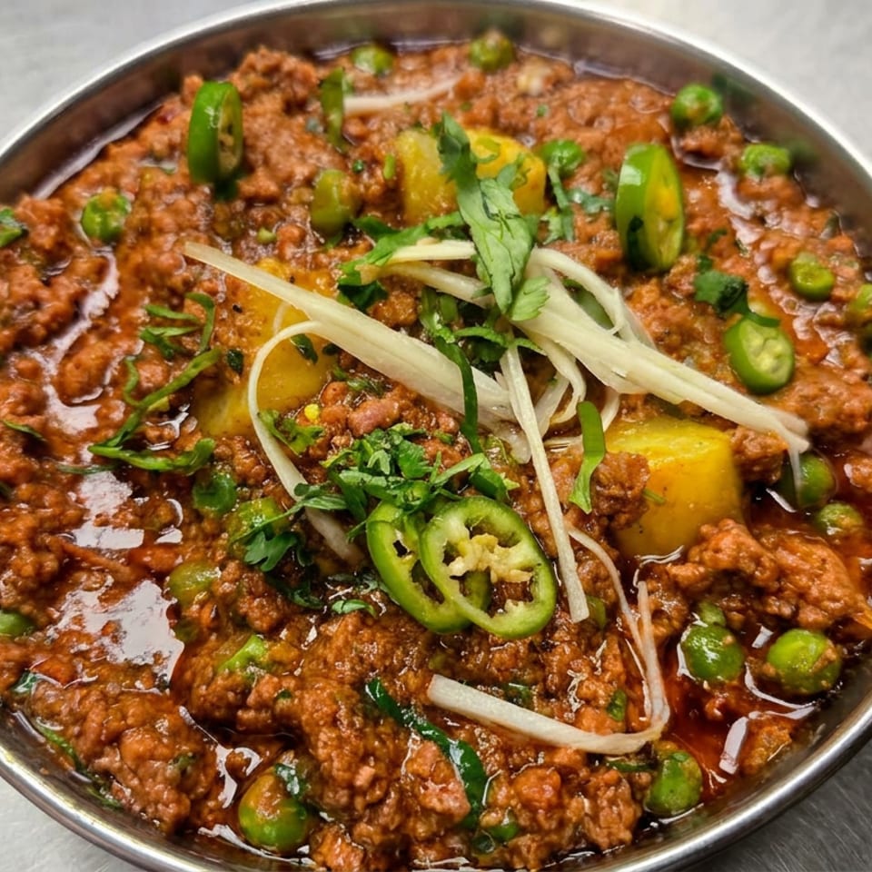 Spicy minced meat curry with peas and potatoes, garnished with sliced green chilies, ginger, and cilantro in a metal serving dish.