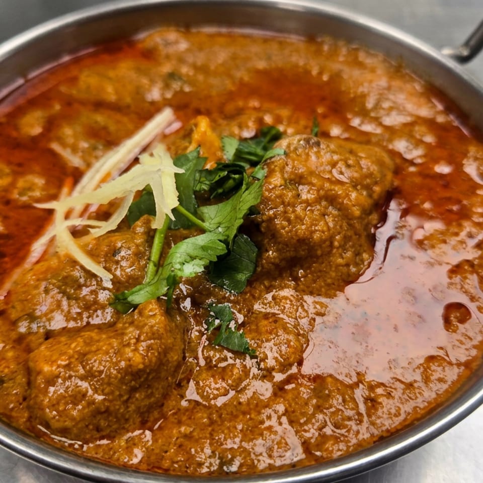 Indian meatball curry in rich reddish-brown sauce, garnished with cilantro and julienned ginger in a metal serving dish.