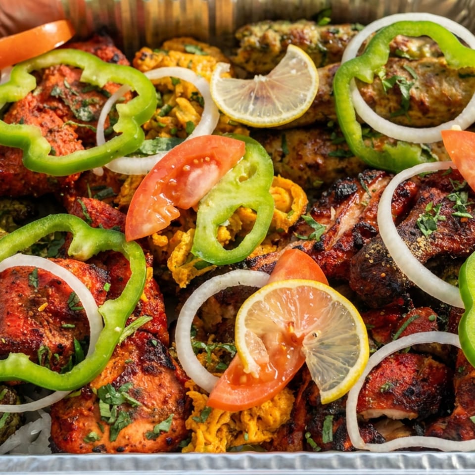 Assorted grilled kebabs and tandoori meats garnished with green peppers, onions, tomatoes, herbs, and lemon in a foil tray.