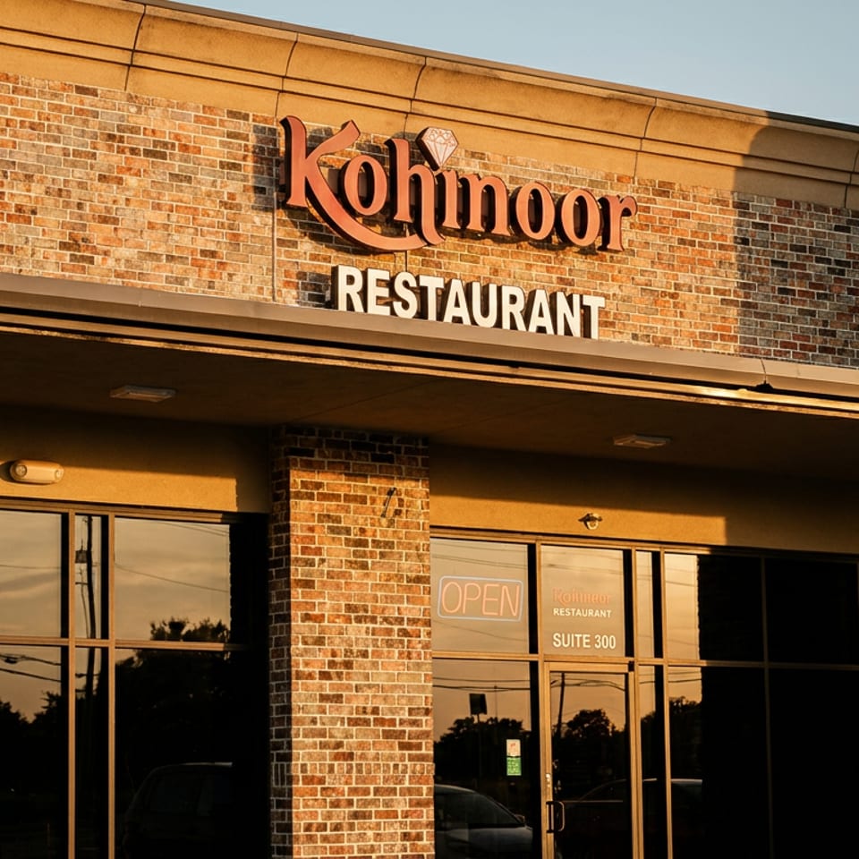 Brick-fronted Kuhmoor Restaurant entrance with illuminated signage, glass doors, and an open sign in warm evening light.